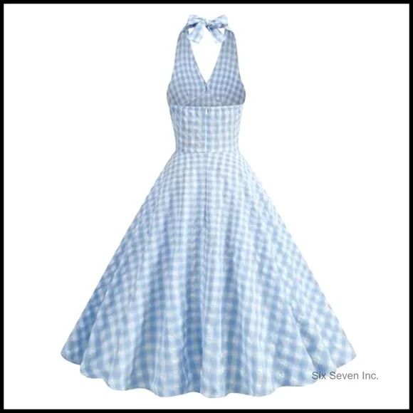 Vintage Plaid Swing Dress Halter Backless Midi Formal Cocktail - Picture 4 of 6